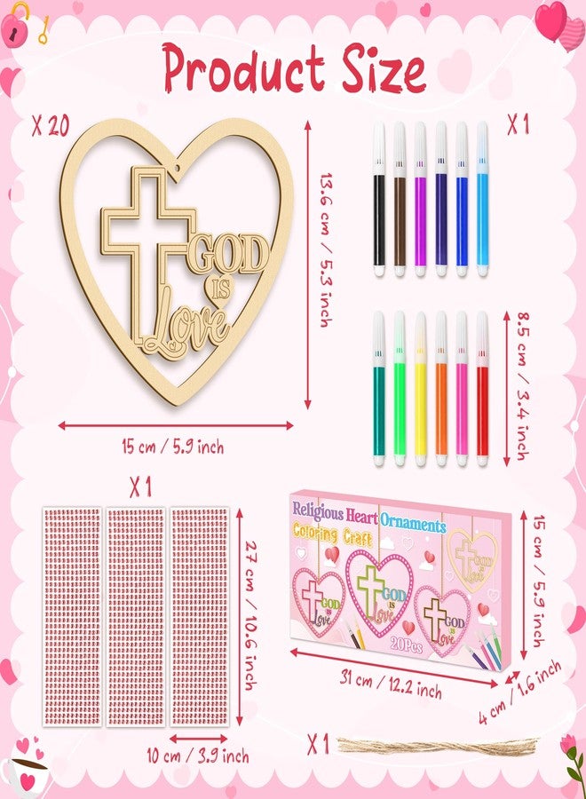 BeYumi Valentines Christian Heart Crafts - 20Pcs Valentine's Day DIY Wooden GOD is Love Ornaments Craft Kit for Kids Make Your Own Religious Cross Decor with Gem Stickers Church School Party Supplies - Image 2